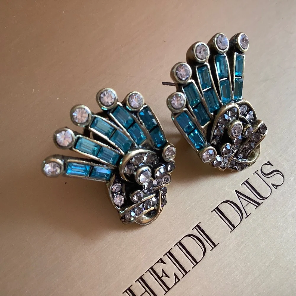 HEIDI DAUS Crystal Hue Persuasion Button Art Deco Earrings Turquoise Omega Backs
